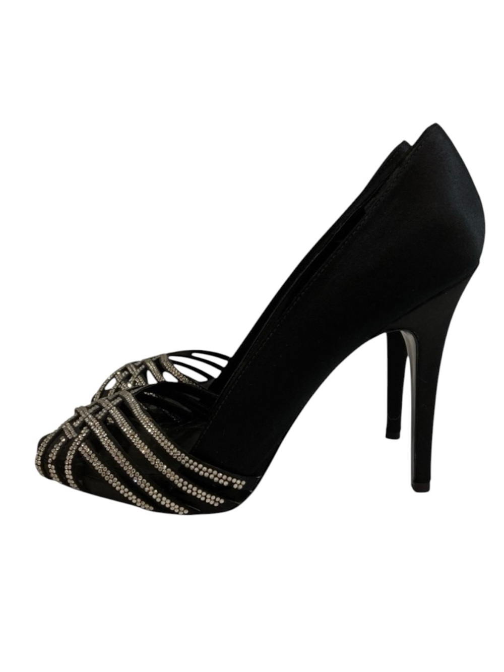 Ralph Lauren black satin rhinestone heels peep toe stiletto elegant evening shoe